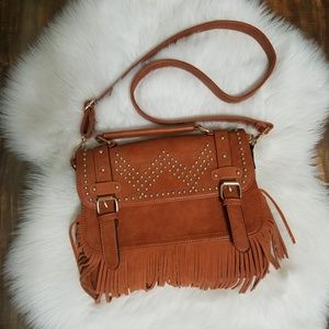 Brown faux leather fringe crossbody purse handbag